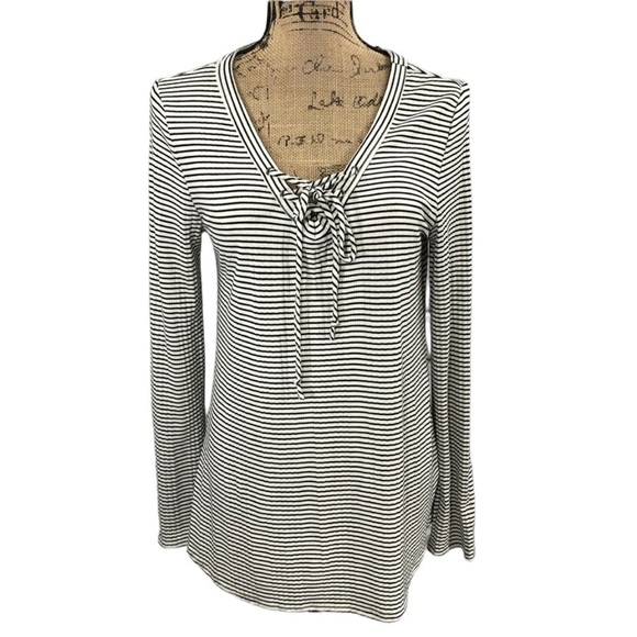 12pm by Mon Ami Boho Tie Down Front Striped  Tunic White and Black Size Large - Picture 1 of 7